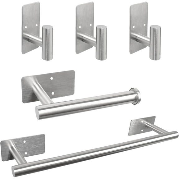 5 PCS Self Adhesive Bathroom Hardware Set,Stainless Steel Towel Rack Set Include 16In Bath Towel Bar+Toilet Paper Holder+3 Towel/Robe Hooks Wall Mounted Bathroom Accessory Kit(Brushed Nickel)