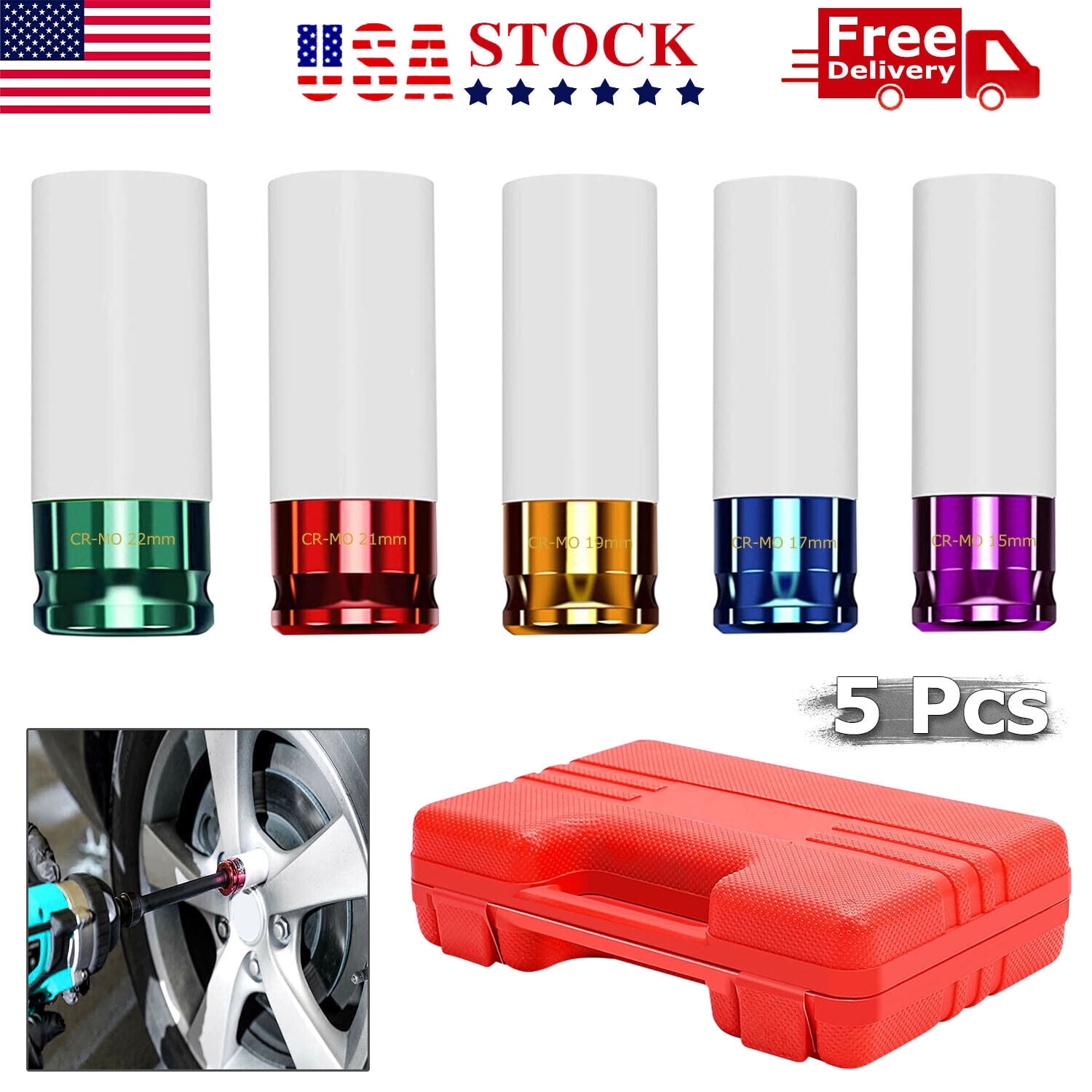 5 PCS Set 1/2” Inch Impact Drive Lug Nut Socket NonMarring Thin Walled