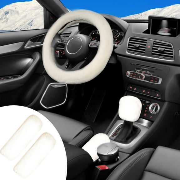 5 PCS/Set Faux Rabbit Fur Fuzzy Steering Wheel Cover Soft Warm Winter Gear Knob Shift Handbrake Fluffy Cover Seat Belt Pads Kit Universal Fit