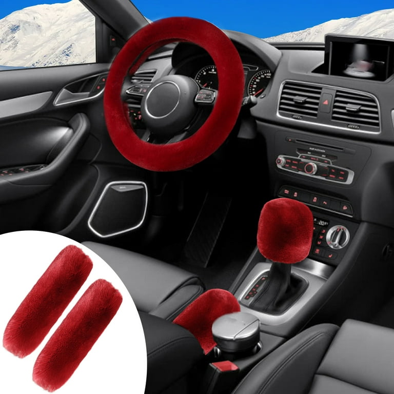 5 PCS Set Faux Rabbit Fur Fuzzy Steering Wheel Cover Soft Warm