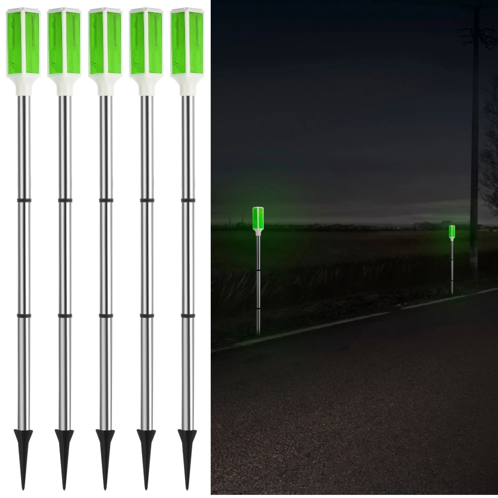 5 Pack Solar Driveway Marker Lights - Green LED Path & Roadside Warning Lights on Stakes, Outdoor Solar Powered for Easy Installation