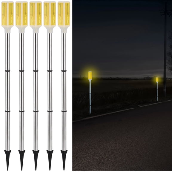 5 Pcs Solar Powered Driveway Markers, Solar Warming Landscape Lights, Yellow Solar Outdoor Driveway Lights, Landscape Driveway Reflectors on Poles for Snow Road Yard