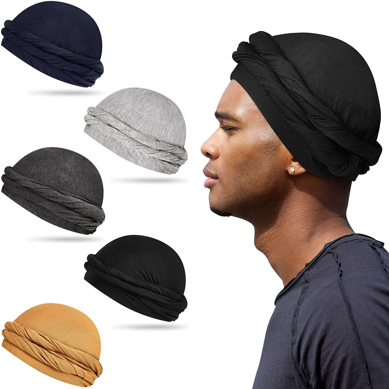 4 PCS Turban for Men Halo Turban Durag Vintage Turban Twist Head Wraps  Elastic Modal and Satin Lined Turban Scarf Tie for Hair (Black, Wine Red,  Army Green, Dark Gray) 