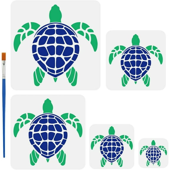 5 PCS Turtle Stencil with 1Pc Plastic Paint Brush 5 Sizes Turtles Pattern Plastic Stencil Ocean Theme Template