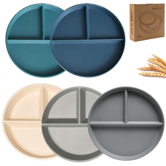 5 PCS Unbreakable Divided Plates for Adults 9in, Deep Dinner Plates, Divided Design for Picky Eaters,Compartment Plates, Lightweight Reusable Plastic Portion Control Plates