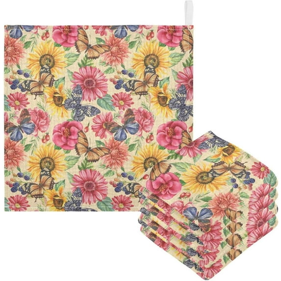 5 PCS Vintage Butterfly Sunflowers Baby Muslin Washcloths, Spring Floral Colorful Soft Absorbent Face Towel Burp Cloths Cotton Bath Wipes Infant Wash Cloth for Newborn Boys Girls
