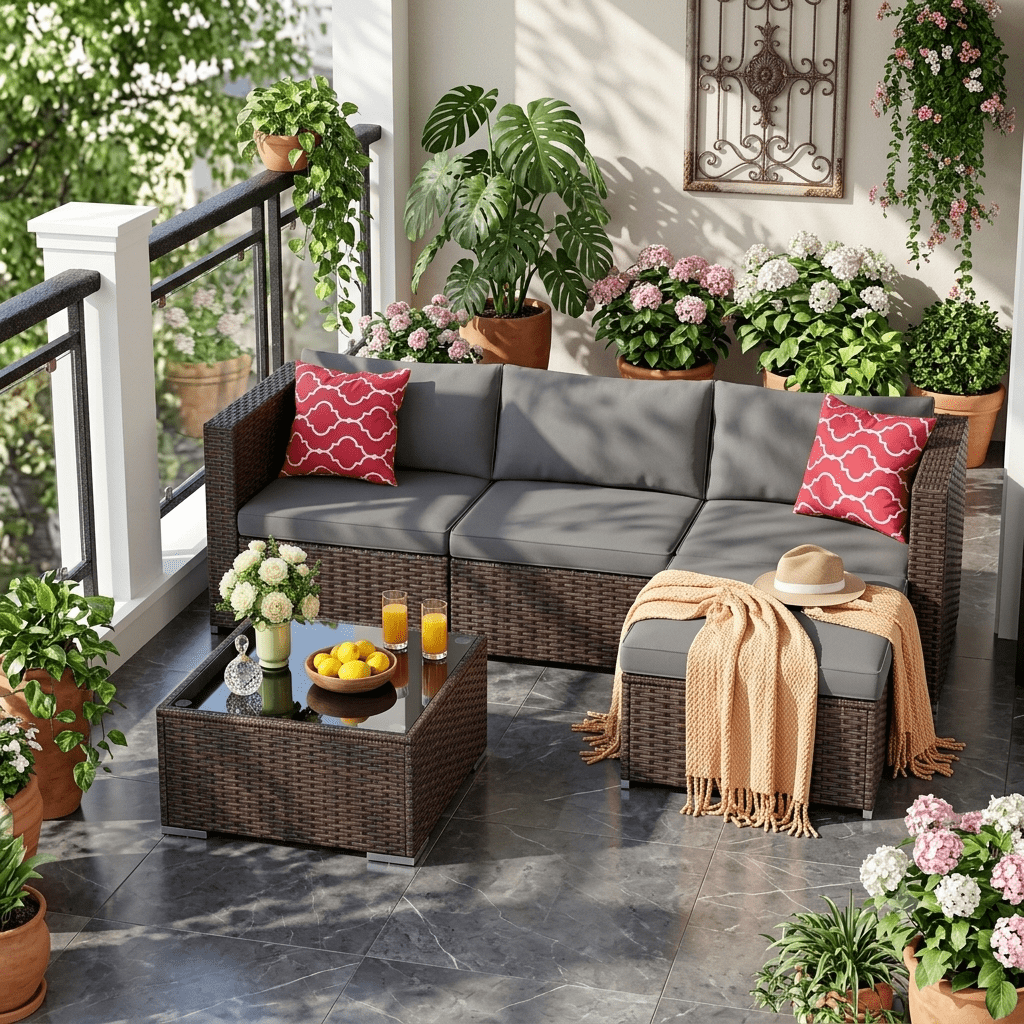 5 PCS Wicker Patio Furniture Set, PE Rattan Outdoor Sectional Sofa with Beige Cushions and Glass Coffee Table, for Backyard, Porch, Poolside & Garden - Brown Rattan, Gray Cushion