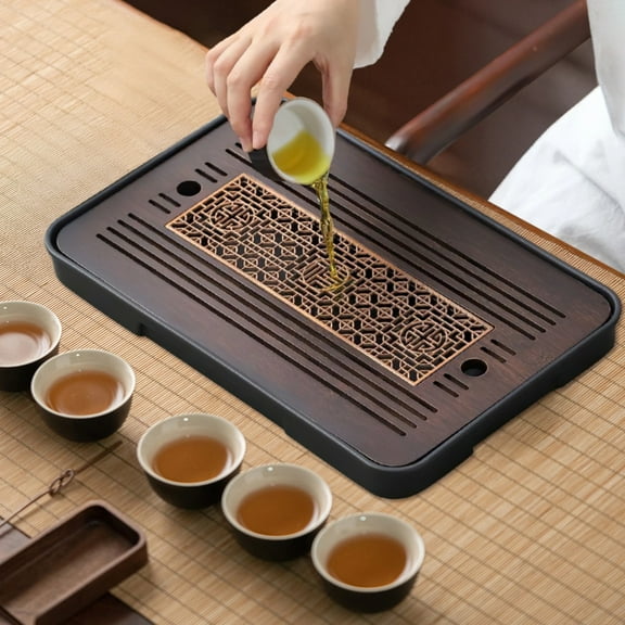 5 PCS Wooden Tea Tray Set with Drainage, Kungfu Tea Serving Tray with Accessories for Home Office, Waterproof & Easy Clean