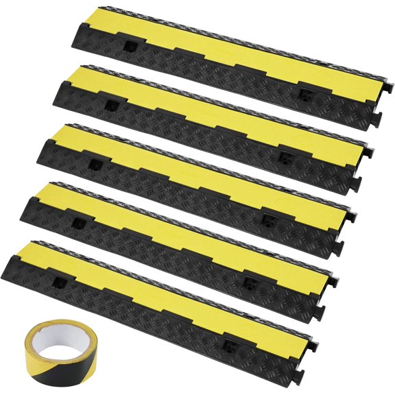 5 PCs Rubber Cable Protector Ramp, 2 Channel, 12000 lbs/axle Capacity Heavy Duty Hose Wire Cover Ramp Driveway, Traffic Speed Bump w/Flip-Open Top Cover & 50 ft Warning Tape, for Indoor&Outdoor