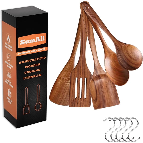 5 PCs Teak Wooden Utensil Set with Hooks, Wooden Spoons for Cooking, Wood Cooking Utensils Set, Comfort Grip, Non Stick Cookware, Easy to Clean, Kitchen Stuff, Wood Spatula