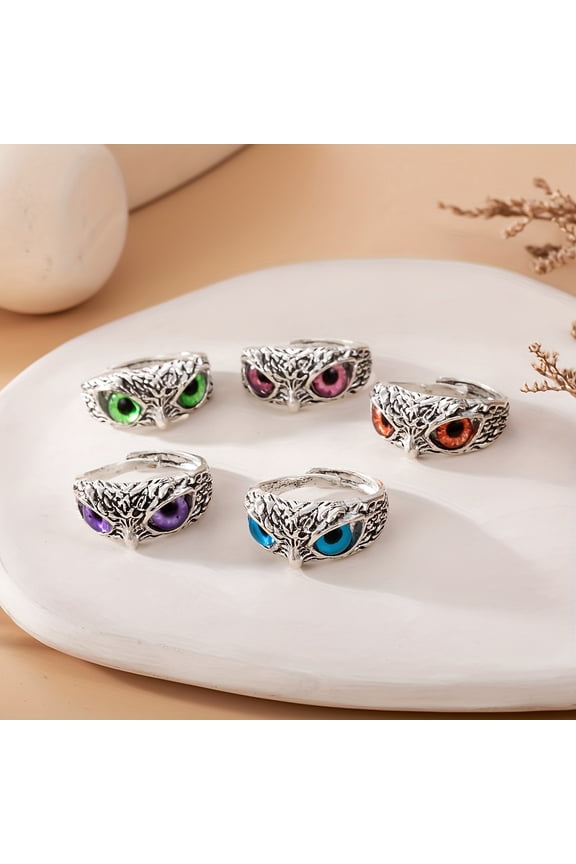 5 -PIECE VINTAGE OWL RING SET -Enchanting Multicology Eyes, Adjustable Open Band -STYLISH Unisex Jewelry for Glamorous PARTIES & Gatherings,8949