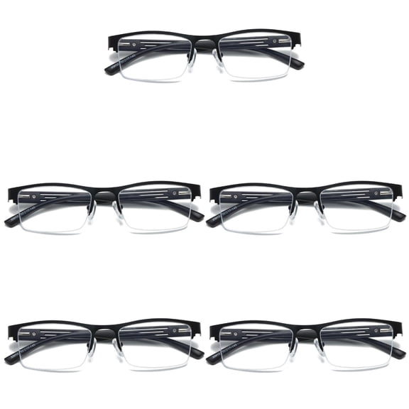 5 PK Mens Reading Glasses Spring Hinge - Square Metal Half-Frame - Blue Light Blocker Readers +2.00