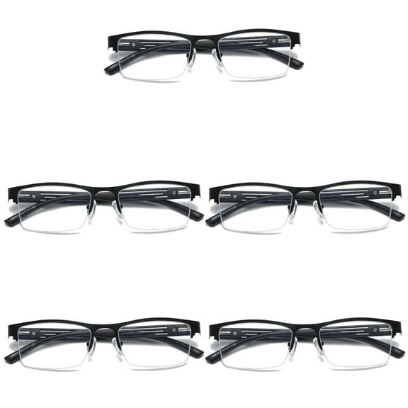 5 PK Mens Reading Glasses Spring Hinge - Square Metal Half-Frame - Blue Light Blocker Readers +2.50