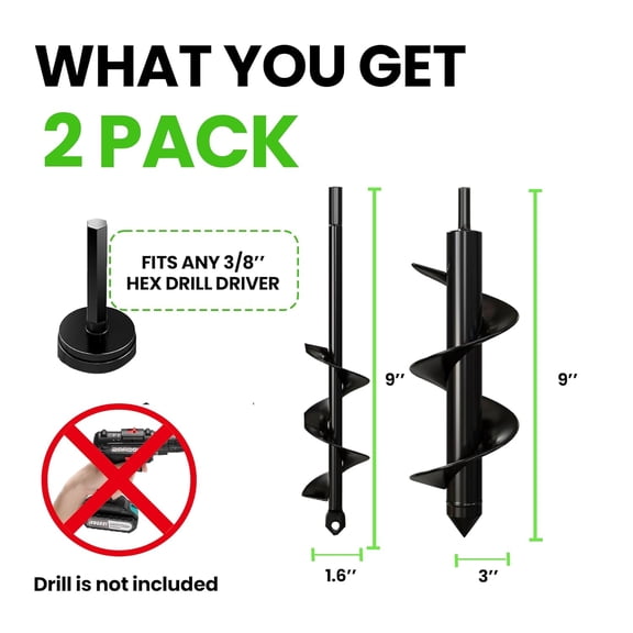 5 - Pack 1.6 x 9'' + 3 x 9'' + 3 Pack with Extension Auger Drill Bit for Planting Garden Spiral Hole and Bulb Planter Tool for Umbrella Holes - Compatible with 3/8 Inch Hex Drive