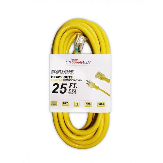 5 Pack 10/3 25ft SJT Lighted End Extension Cord 15 Amp, 125 Volt, 1875 Watt, Super Heavy Duty Outdoor Jacket (25 feet) by LifeSupplyUSA
