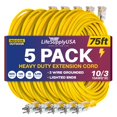 thumbnail image 1 of 5 Pack 10/3 75ft SJTW Lighted End Extension Cord 15 Amp, 125 Volt, 1875 Watt, Super Heavy Duty Outdoor Jacket (75 Feet), 1 of 5