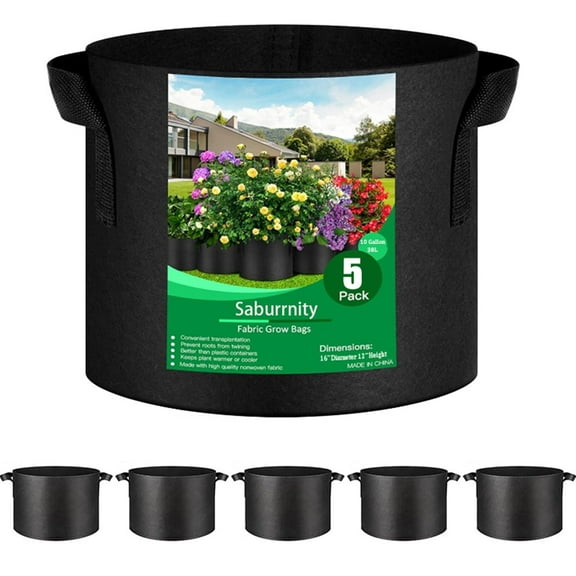 5-Pack 10 Gallon Grow Bags, Aeration Fabric Pots with Handles, Heavy Duty Cloth Pots for Plants