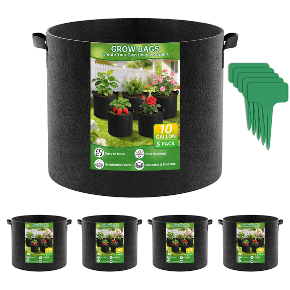 5-Pack 10 Gallon Grow Bags, Heavy Duty Nonwoven Plant Fabric Pots with Handles for Gardening, Thickened Growing Bags for Plants and Vegetables, Includes 5 Plant Labels