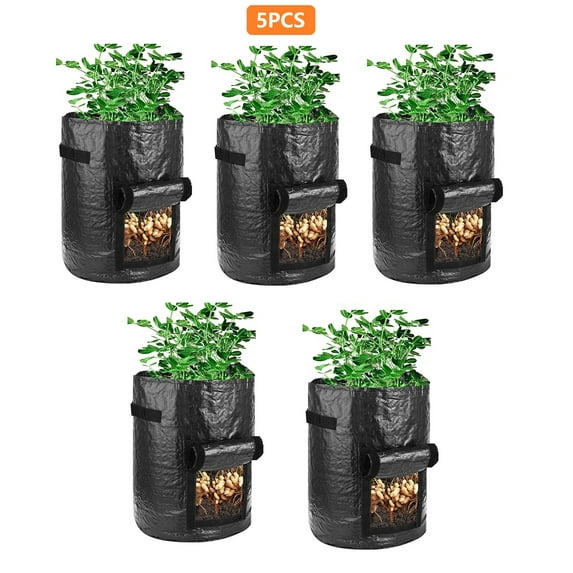5 Pack 10 Gallon Potato Grow Bags with Flap Window & Sturdy Handles, Garden Vegetables Planting Bag Planter Heavy Duty Growing Container for Tomato Onion Carrot Flowers Fruits, Black