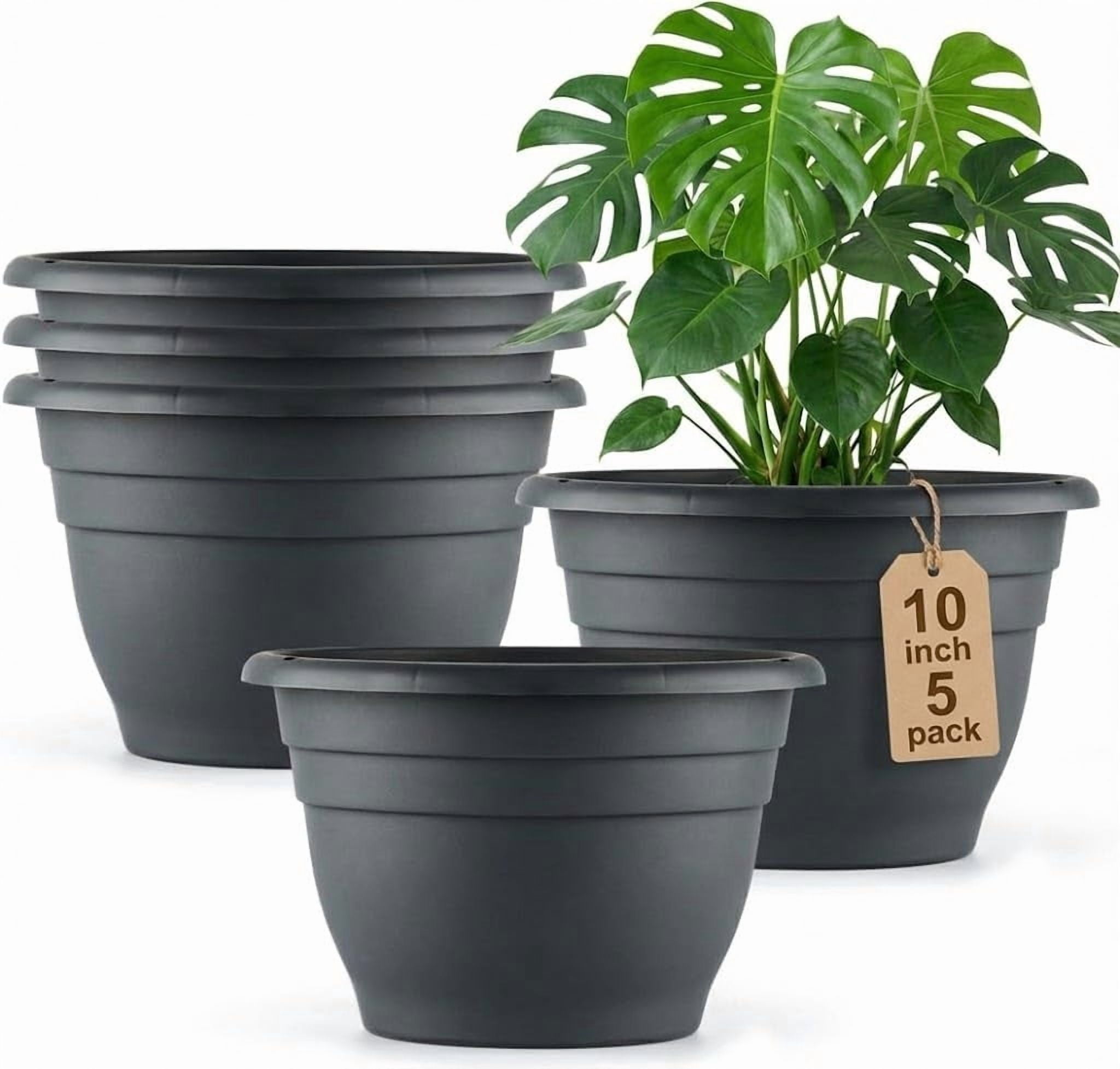 5 Pack 10 Inch Plant Pots for Indoor Outdoor,Plastic Floor Planters with Drainage Holes,Lightweight Flower Pots for Home,Patio & Garden(Grey)