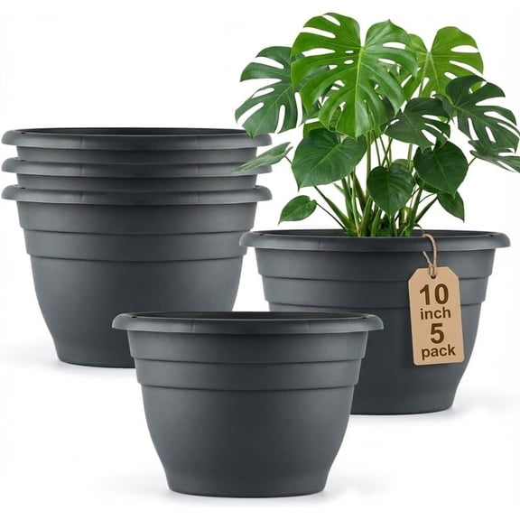 5 Pack 10 Inch Plant Pots for Indoor Outdoor,Plastic Floor Planters with Drainage Holes,Lightweight Flower Pots for Home,Patio & Garden(Grey)