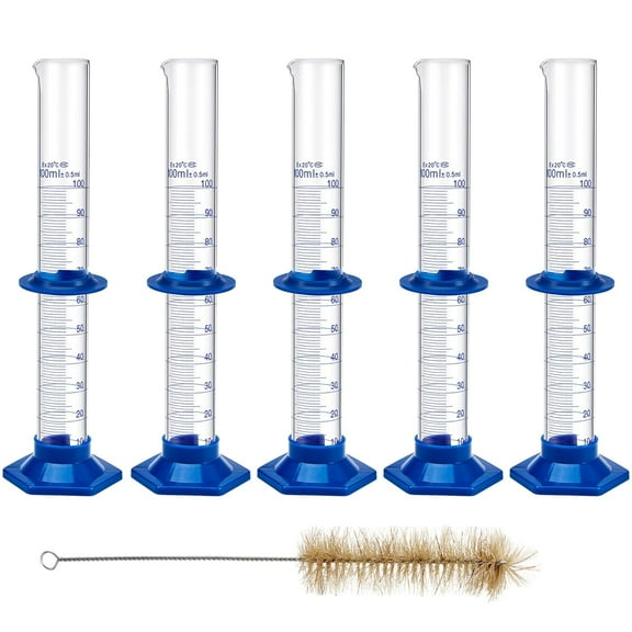 5 Pack 100 ml Graduated Cylinder, Clear Measuring Cylinder Set, Borosilicate 3.3 Glass with Plastic Base and Cylinder Brush, for Liquid Lab Shool
