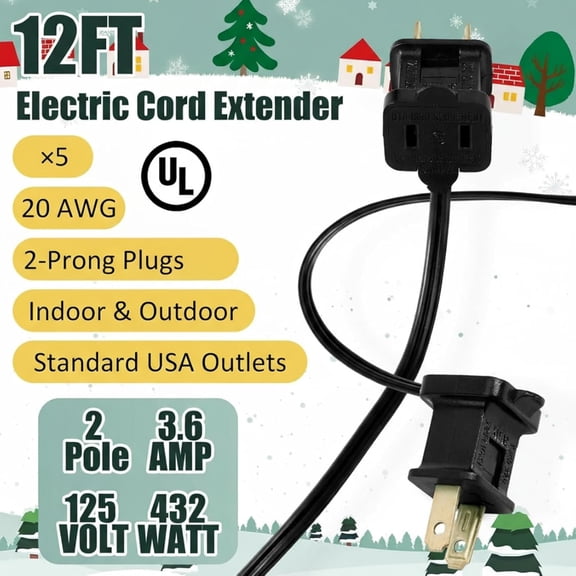 5 Pack 12 ft Black Indoor Extension Cord 2 Prong Electric Cord Extender, Wire Plug in and End, Ac 120 Volts, for Outdoor Christmas Connect or Extend String Lights
