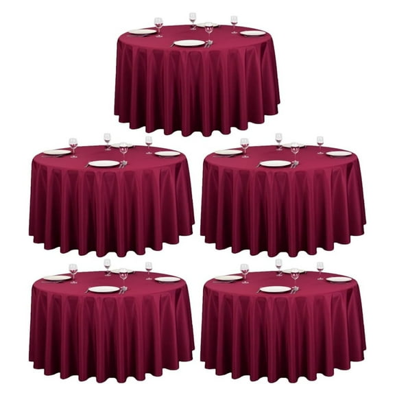 5 Pack 120 Inch Round Tablecloth Burgundy - Bulk for 60 Inch Round Table Floor Length - Washable, Wrinkle Resistant Polyester Fabric Cloth for Parties