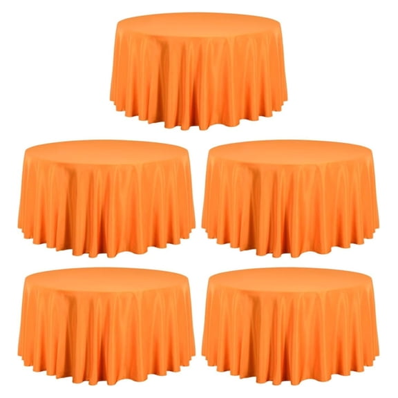 5 Pack 120 Inch Round Tablecloth Orange - Bulk for 60 Inch Round Table Floor Length - Washable, Wrinkle Resistant Polyester Fabric Cloth for Party