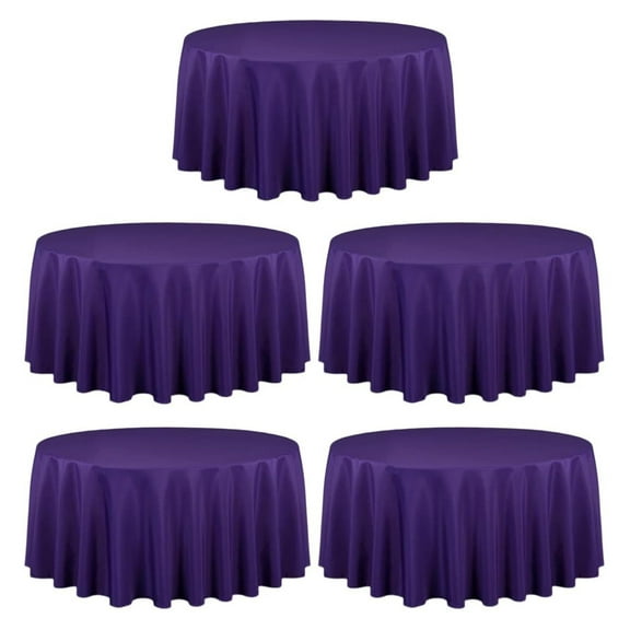 5 Pack 120 Inch Round Tablecloth Purple - Bulk for 60 Inch Round Table Floor Length - Washable, Wrinkle Resistant Polyester Fabric Cloth for Party