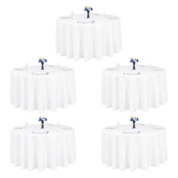 5 Pack 120 Inch Round Tablecloth White - Bulk for 60 Inch Round Table Floor Length - Wrinkle Resistant Polyester Fabric Cloth for Wedding
