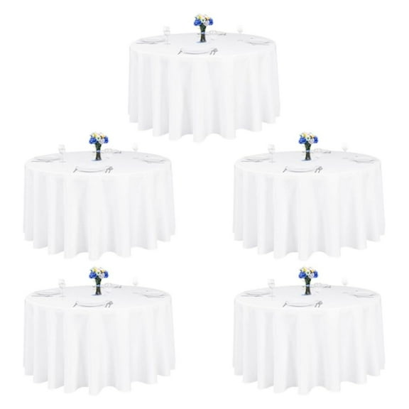 5 Pack 120 Inch Round Tablecloth White - Bulk for 60 Inch Round Table Floor Length - Wrinkle Resistant Polyester Fabric Cloth for Wedding