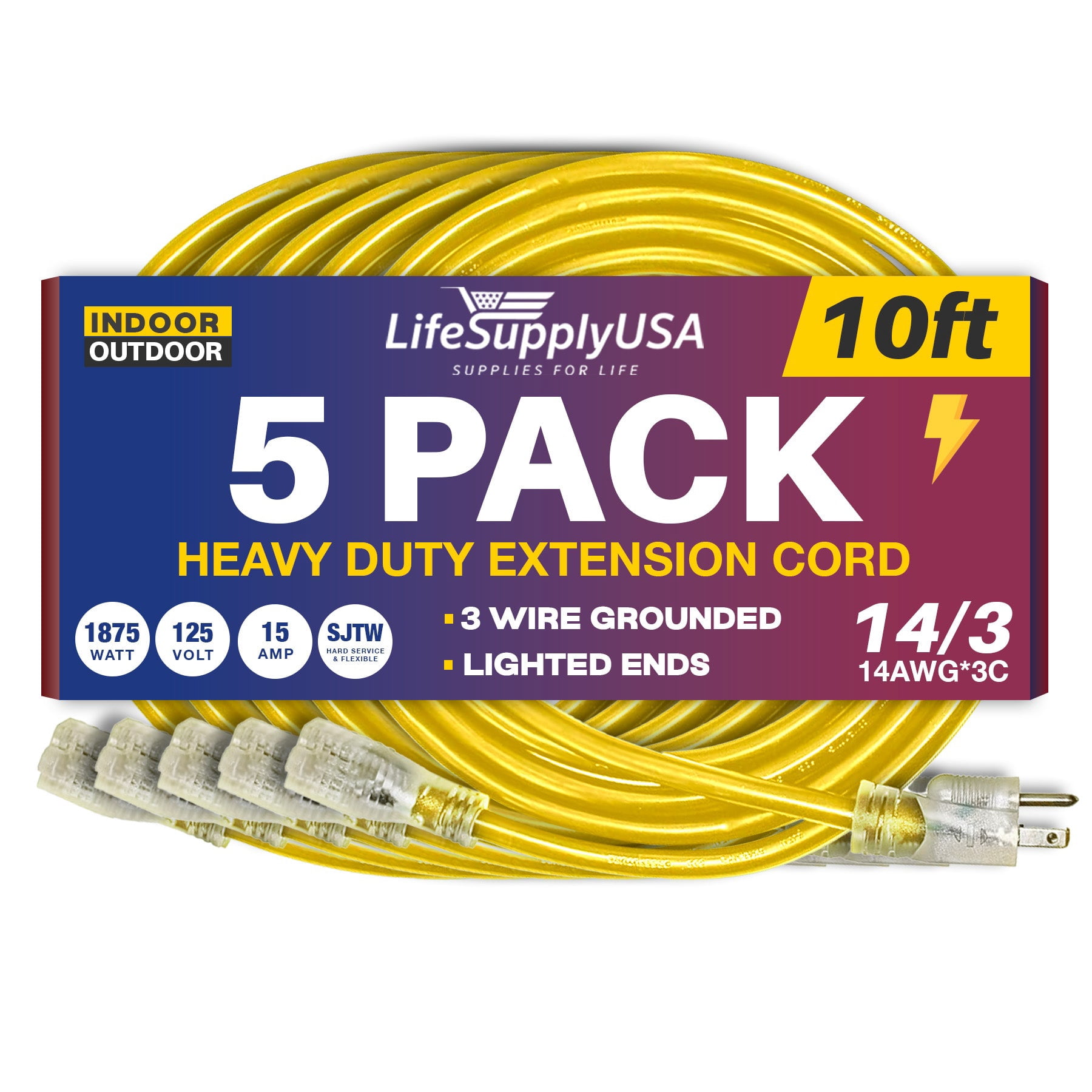 5 Pack 14/3 10ft SJTW Full Copper 13 Amp 125 Volt 1625 Watt Lighted End Indoor/Outdoor Extension Cord (10 Feet)