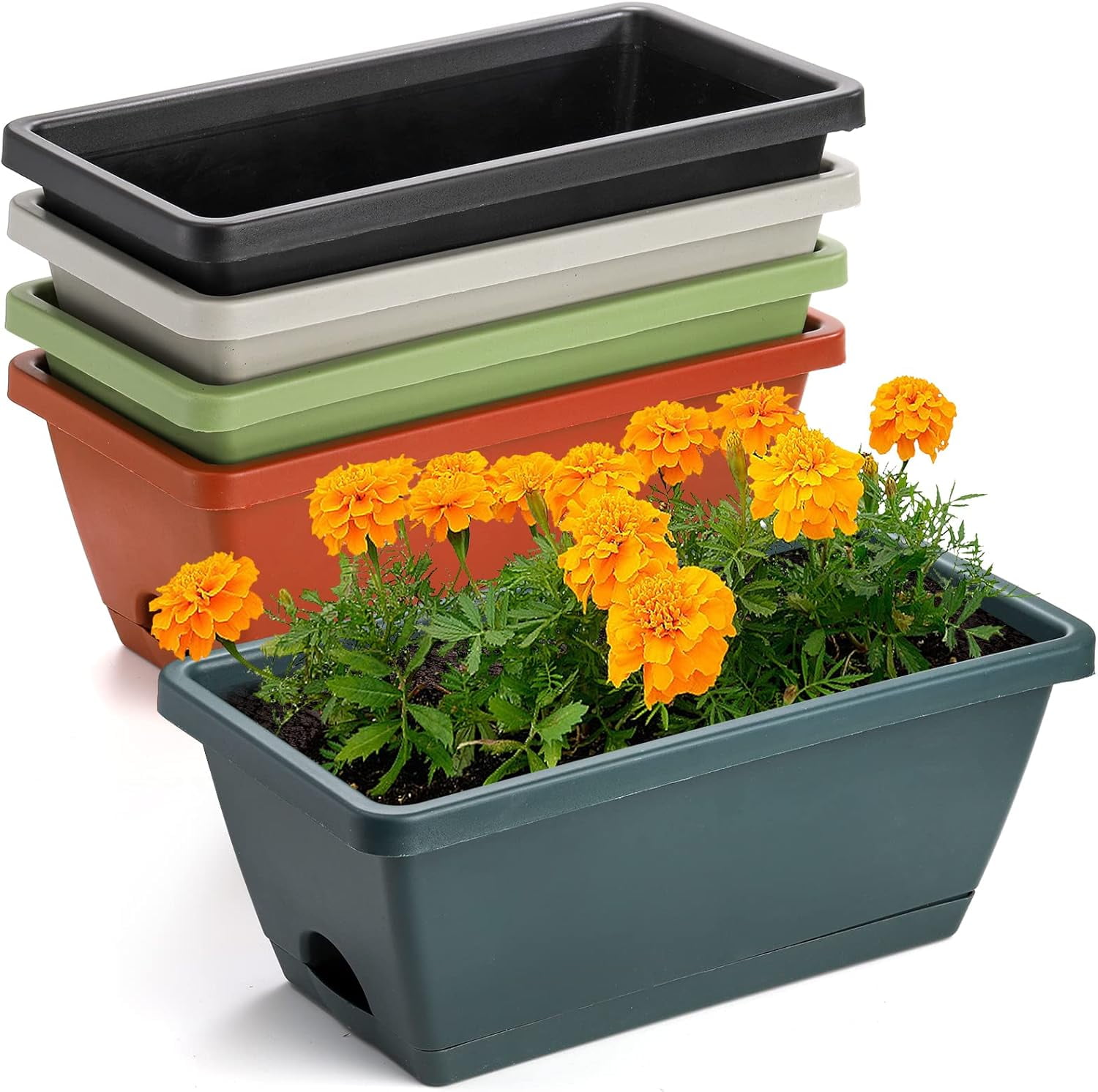 5 Pack 14 Inches Flower Window Box, Plastic Vegetable Planters Indoor Outdoor, Plastic Flower Box Planter for Windowsill, Patio, Garden, Home Décor, Porch (5 Colors)