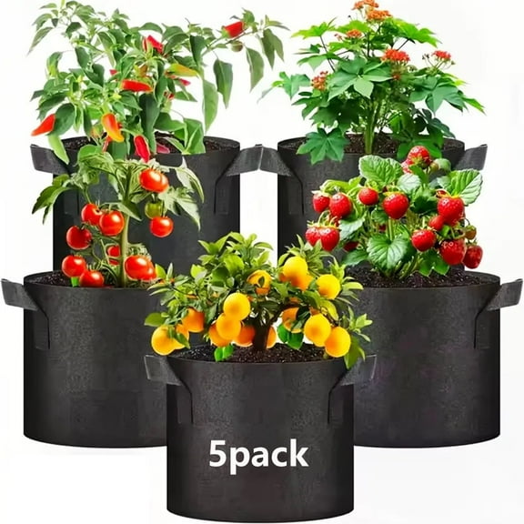 5 Pack 15 Gallon Grow Bags, Thickened Aeration Nonwoven Fabric Plant Pots with Handles, Heavy Duty 300G Garden Planting Bag for Tomato, Potato, Strawberry, Vegetable, Fruits and Flowers