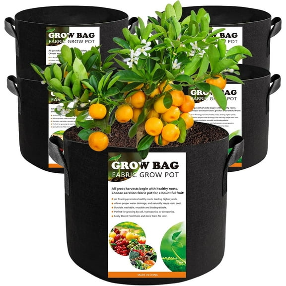 5 Pack 15 Gallon Grow Bags, Thickened Aeration Nonwoven Fabric Planting Bags with Handles, Heavy Duty 300G Garden Planter Bag for Tomato, Potato, Strawberry, Vegetable, Fruits and Flowers