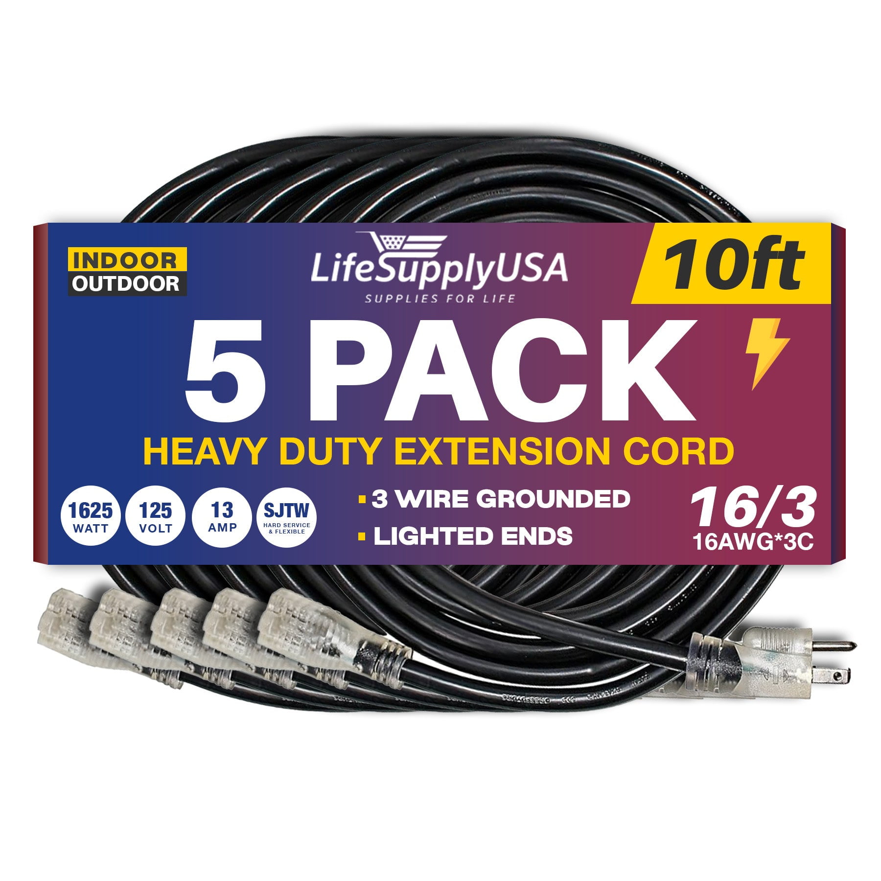 10ft Power Extension Cord Outdoor & Indoor - Waterproof Electric Drop Cord Cable - 3 Prong SJTW, 16 Gauge, 13 AMP, 125 Volts, 1625 Watts, 16/3 by LifeSupplyUSA - Black (5 Pack)