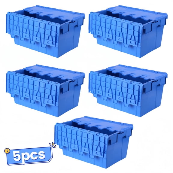 5-Pack 16 Gallon Heavy Duty Storage Tote Boxes with Hinged Locking Lids, Stackable Plastic Bins for Garage, Basement, and Home Organization, Blue
