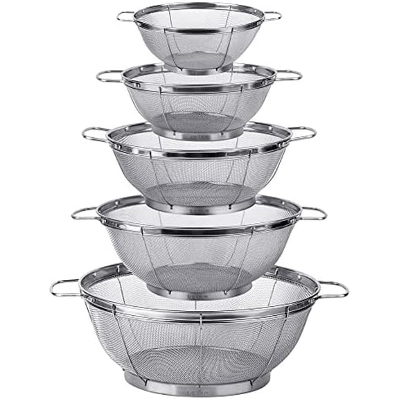 5 Pack 18/8 Stainless Steel Colander Sieves, Multi Size Mesh Strainer Net Baskets with Handles & Resting Base for Strain, Drain, Rinse or Steam