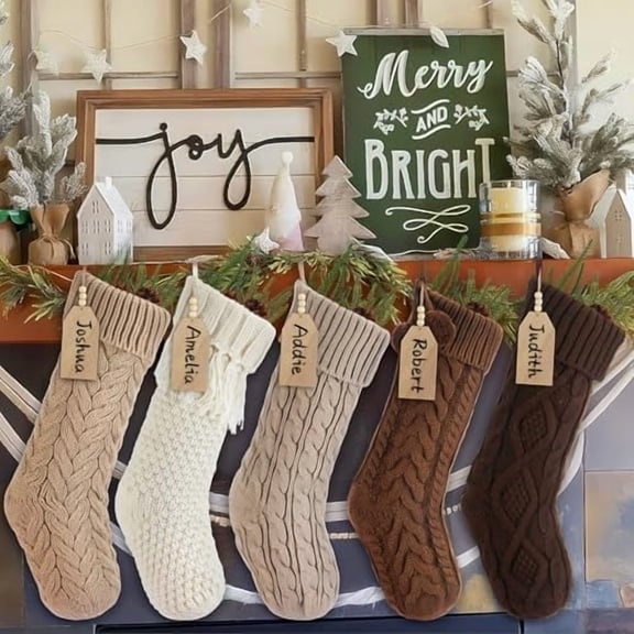 5 Pack 18 inch Neutral Personalized Christmas Stockings Bulk, Rustic Farmhouse Cable Knit Fireplace Hanging Stocking with Name Tags Earth Tones Brown Decor for Xmas Holiday Family Party