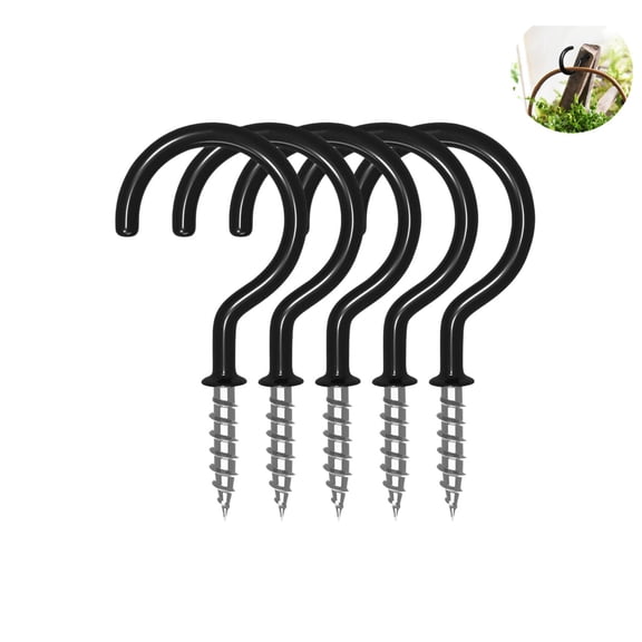 5 Pack 2 Inch Black Screw-in Ceiling Hooks, Vinyl Coated Cup Hooks, Metal Utility Hanging Hooks for Plants Lights Mugs Outdoor Indoor Use