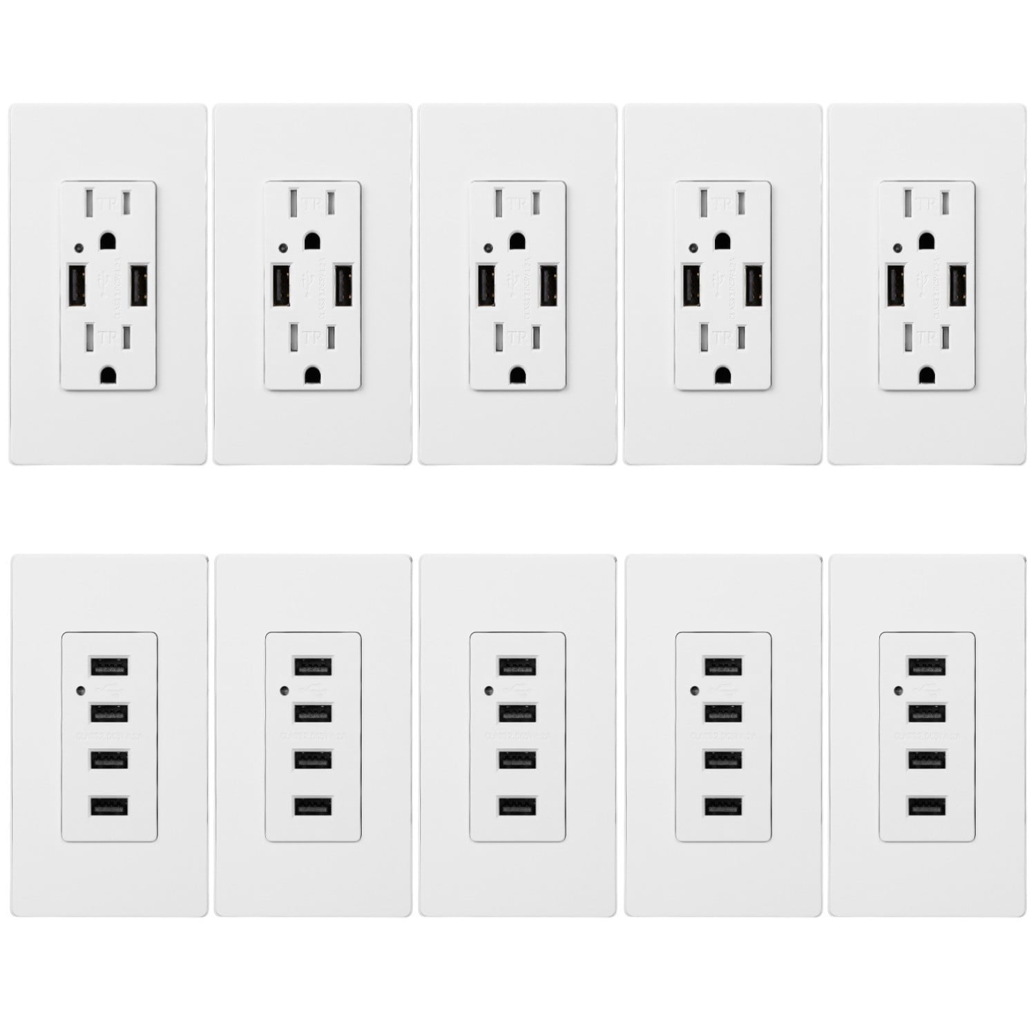 5 Pack 2 USB and 2 AC Outlets Charging Wall Outlets + 5 Pack 4 USB Charging Wall Outlets, Wall Plate Included, UL Listed, White