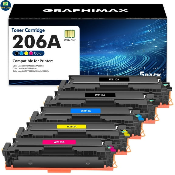 5-Pack 206A 206X Toner Cartridges with Chip Compatible for HP 206X 206A Color LaserJet Pro MFP M283fdw M283cdw M255dw M282nw Printer Toner High Capacity (2x Black Cyan Magenta Yellow)