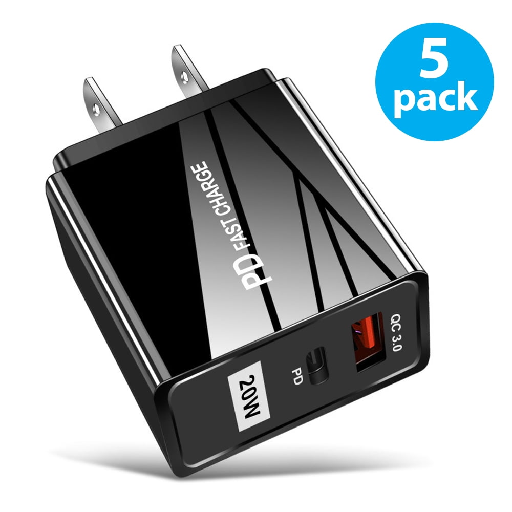 5-Pack 20W USB-C Fast Charger, Dual Port PD Type-C Charging Adapter Plug for iPhone 14/13/12/11 /Pro Max, XS/XR/X, iPad Pro, AirPods Pro, Samsung Galaxy S23/S22/S21/S20 Ultra, Plus, Universal, Black