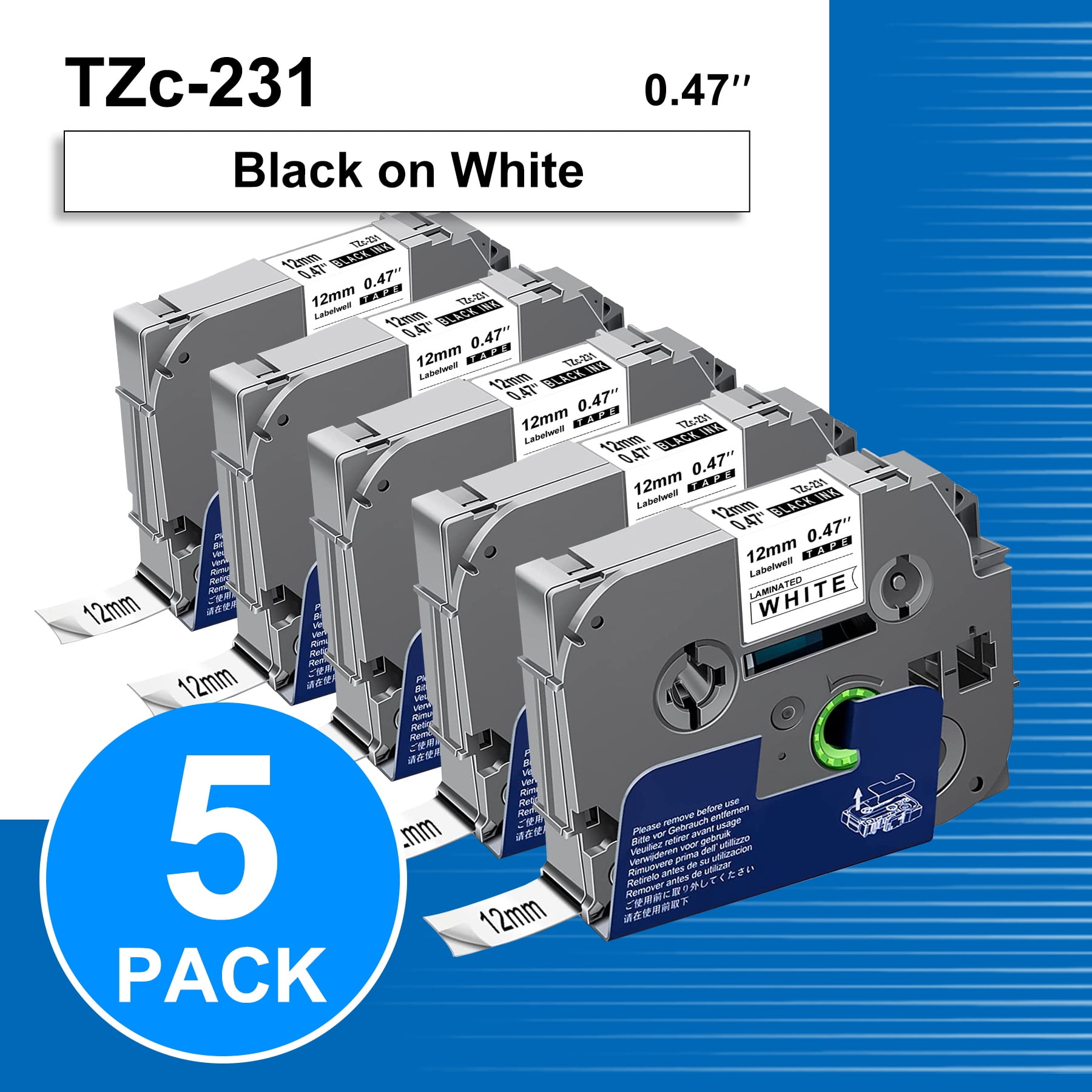 5-Pack Halofox 231 Label Maker Replacement Tape for Brother PT-D210 PTD600, 12mm Laminated TZe-231 Tape, 26.2 Feet