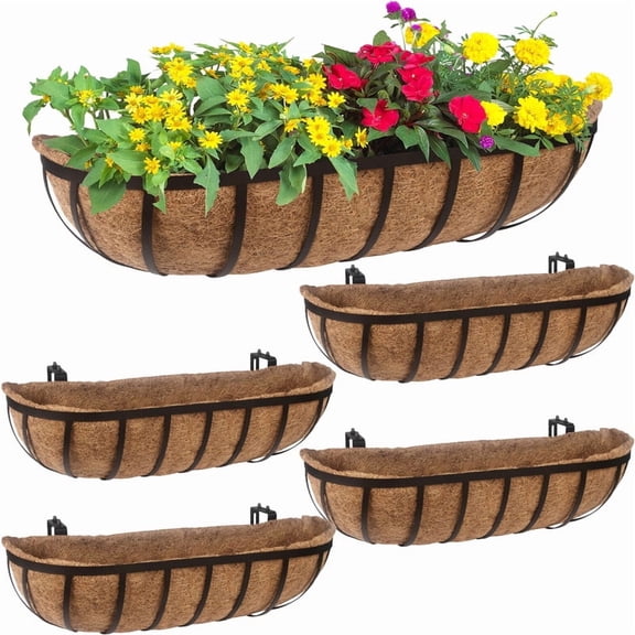 5 Pack 24" Deck Rail Box Planters - Outdoor Hanging Flower Baskets - Balcony Herb & Plant Containers