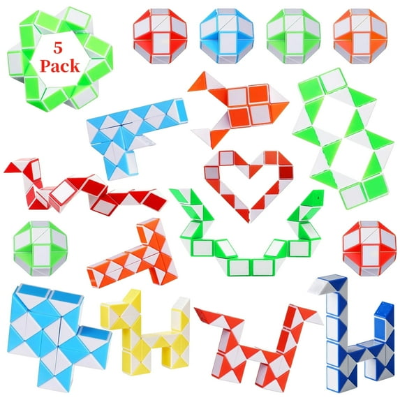 5 pack 24 Fidget Snake Cube Puzzles Toys, Fidget Sensory Toys, Kids Stocking Stuffers Party Favors, Random Color