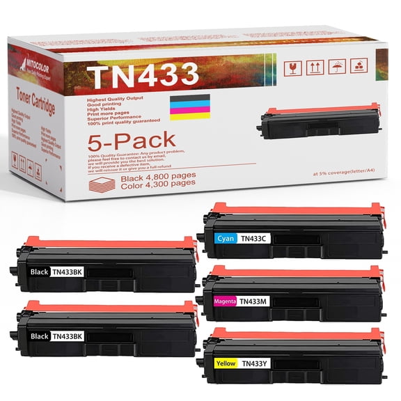 [5-Pack,2BK+1C+1M+1Y] Compatible TN433 TN-433 High Yield Toner Cartridge Replacement for Brother HL-L8260CDW L8360CDW L8360CDWT L9310CDW DCP-L8410CDW MFC-L8610CDW L8690CDW L8900CDW Printer