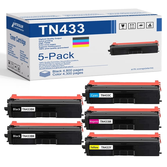 [5-Pack,2BK+1C+1M+1Y] Compatible TN433 TN-433 High Yield Toner Cartridge Replacement for Brother HL-L8260CDW L8360CDW L8360CDWT L9310CDW DCP-L8410CDW MFC-L8610CDW L8690CDW L8900CDW Printer