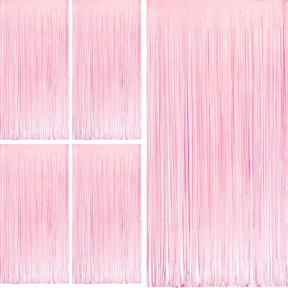5 Pack 3.3 ft x 6.6 ft Pink Tinsel Foil Fringe Curtains, Metallic Photo Booth Backdrop for Birthday, Bachelorette, Graduation Party Decorations